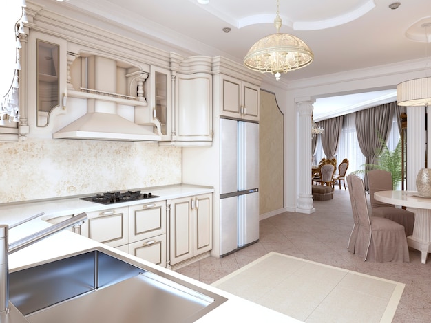 Cozinha moderna luxuosa em estilo clássico em tons de branco com mesa de jantar para quatro pessoas. Renderização 3D.