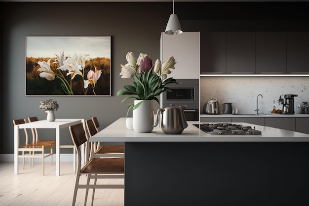 Cozinha moderna minimalista de plano aberto com cadeiras altas e buquê de flores