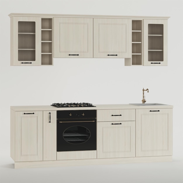 Cozinha. Móveis e equipamentos de cozinha em um fundo branco. Trajeto de grampeamento incluído. renderização 3D.