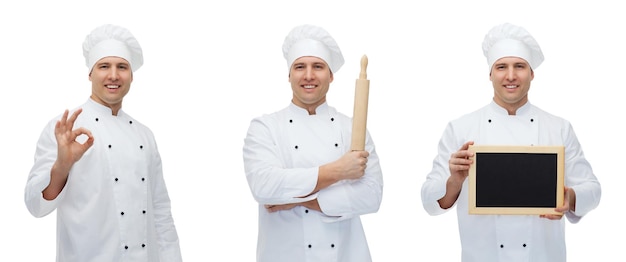cozinha, profissão, propaganda e conceito de pessoas - cozinheiro chef masculino feliz ou padeiro em toque segurando a placa de menu em branco, rolo e mostrando sinal de mão ok