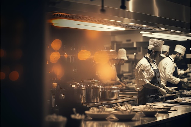 Foto cozinha profissional com chefs cozinhando cozinha de restaurante com belas luzes e comida deliciosa