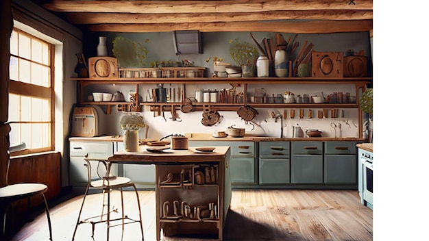 Cozinha rústica de fazenda com madeira recuperada e estantes abertas