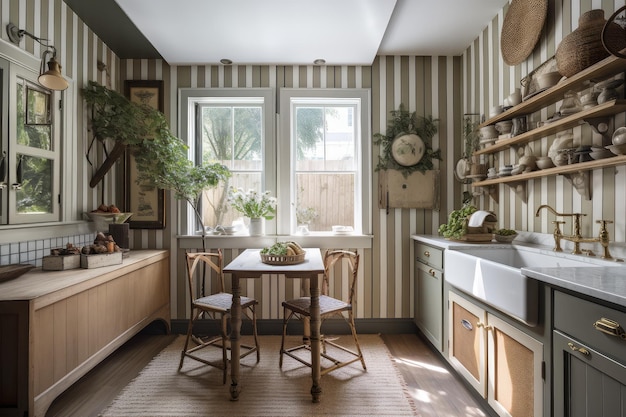 Cozinha rústica e estilo cottage com cadeiras bistrô de papel de parede listrado e pia de fazenda