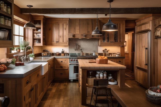 Cozinha rústica e estilo cottage com eletrodomésticos modernos, armários de madeira e detalhes em cobre