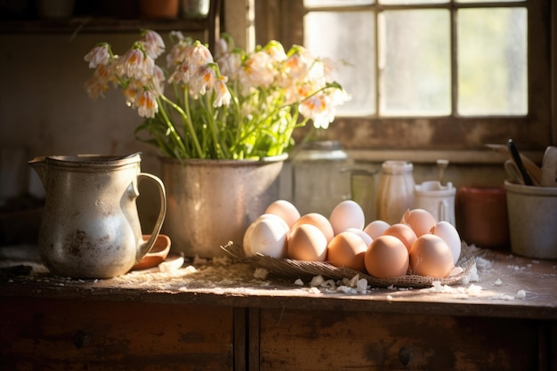 Cozinha rústica iluminada pelo sol com ovos frescos em uma mesa, jarro vintage e flores em flor em um ambiente aconchegante do campo