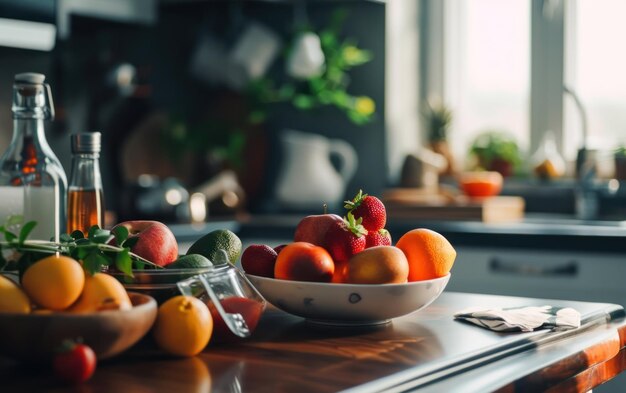 Cozinha simples com frutas frescas que incentiva uma rotina matinal focada na saúde