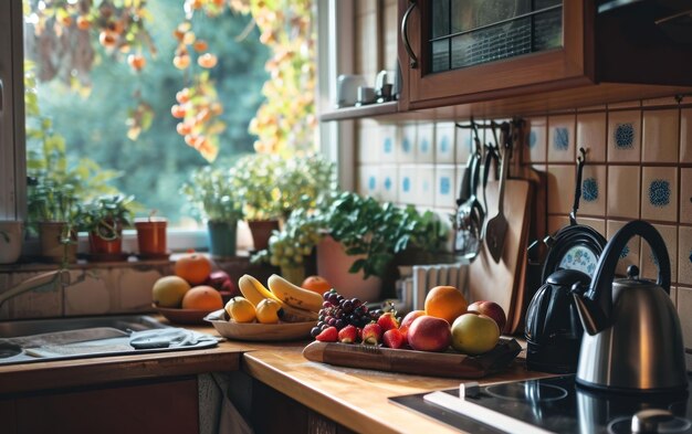 Cozinha simples com frutas frescas que incentiva uma rotina matinal focada na saúde