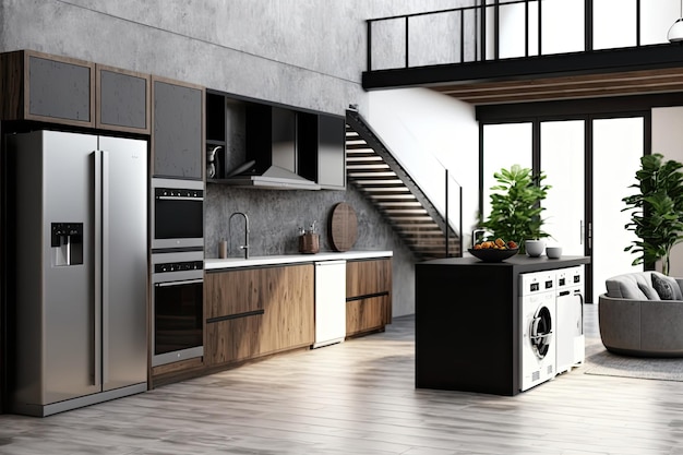 Cozinha sofisticada com consoles cinza e maquete de escada rolante de cafeteira de piso de concreto