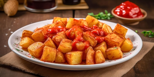 Cozinha tradicional espanhola Batatas Bravas ou molho de tomate picante