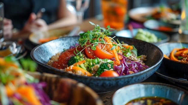 Cozinha vegana deleita com pratos coloridos à base de plantas em um restaurante de moda