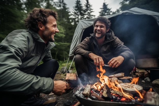 cozinhando comida enquanto acampam e brincam juntos