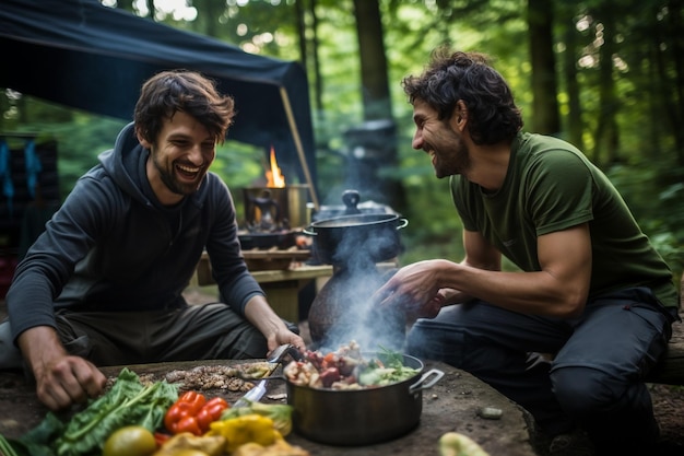 cozinhando comida enquanto acampam e brincam juntos