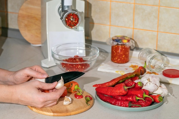 Cozinhar adjika de pimenta e alho moído em preparações de moedor de carne para o remédio popular de inverno para gripe e resfriados