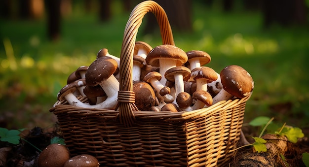 Cozinhar alimentos orgânicos saborosos com cogumelos Boletus em uma cesta de vime, incluindo Cep de Outono e Primavera