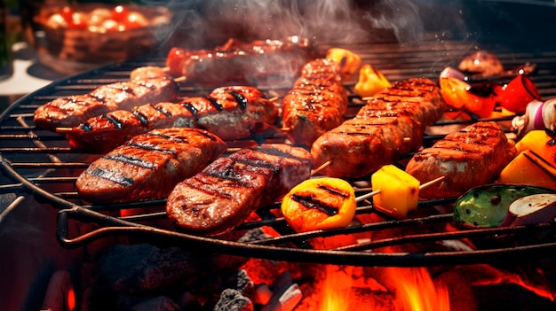 Cozinhar ao ar livre ao lado da fogueira para comida na grelha de fogo no quintal AI gerativa