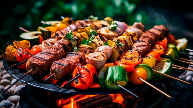 Cozinhar ao ar livre ao lado da fogueira para comida na grelha de fogo no quintal AI gerativa