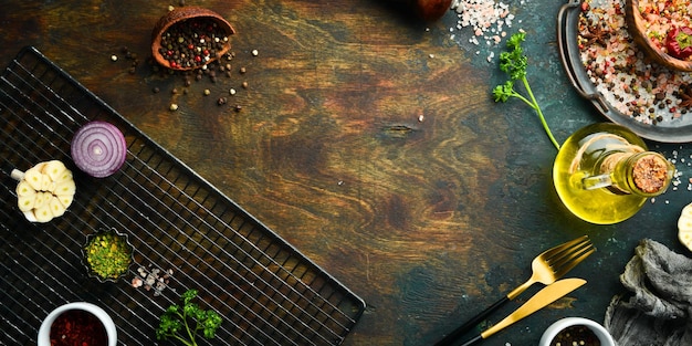 Cozinhar banner Fundo com especiarias e legumes Vista superior Espaço livre para o seu texto