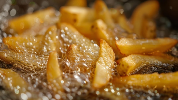 Cozinhar batatas fritas em close-up de frituras fritas na frigideira em óleo quente