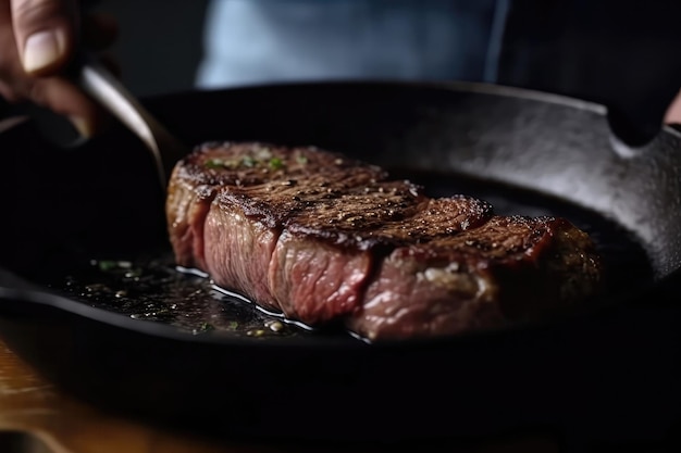 Cozinhar bife tenro na frigideira de ferro fundido Closeup IA generativa