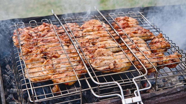 Cozinhar carne de frango ao ar livre na hora do piquenique com grelha de churrasco Carne de frango grelhado churrasco