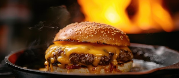 Cozinhar cheeseburger com queijo derretido em um pão de brioche usando uma frigideira de ferro fundido