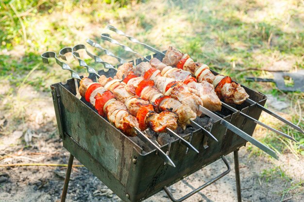 Cozinhar churrasco com legumes no espeto Carne assada na grelha closeup