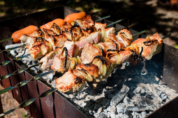 Cozinhar churrasco na natureza. Acampamento e piquenique.