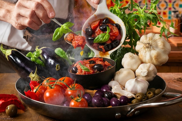 Cozinhar com azeitonas de berinjela e tomates ingredientes para caponata