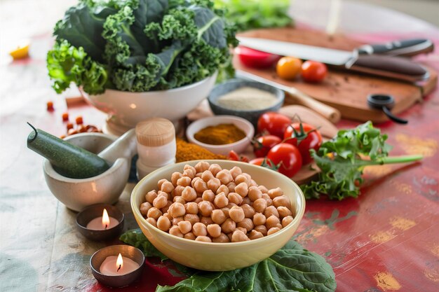 Cozinhar com ingredientes de couve e grão-de-bico na mesa