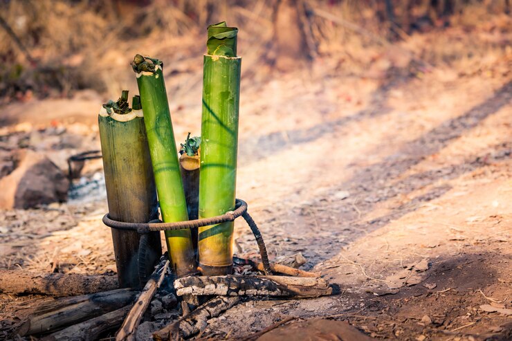 Foto cozinhar comida em tubo de bambu na floresta de campismo