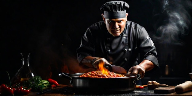 Foto cozinhar comida quente chef em um chapéu de chef e uma faca vaporizando