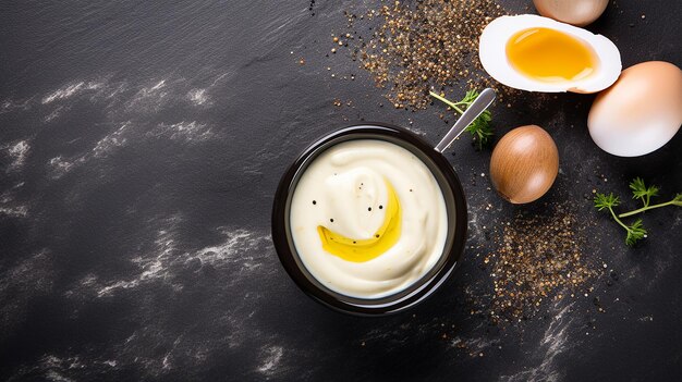 Foto cozinhar molho de maionese, óleo, mostarda e ovos.