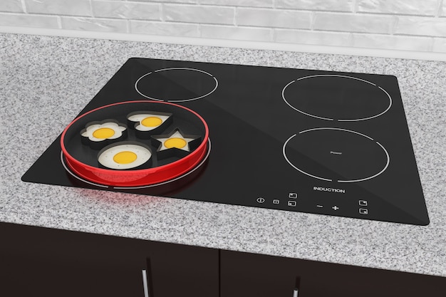 Cozinhar ovos no fogão cooktop de indução closeup extrema