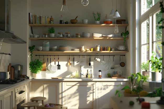 Cozinhas de inspiração escandinava com prateleiras abertas