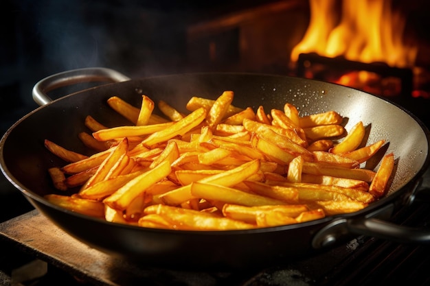 Cozinhe batatas fritas na panela