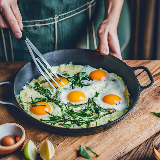 Cozinhe com ovos em uma cozinha rústica