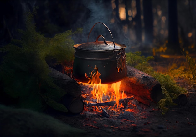 Cozinhe em uma panela no fogo na floresta