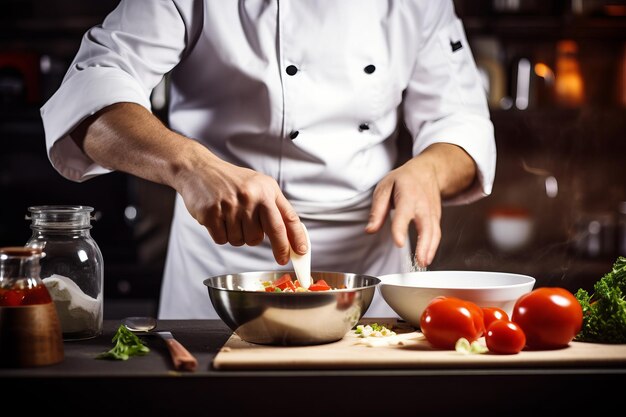 Cozinhe no avental adicionando um pouco de molho ao prato