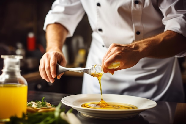 Cozinhe no avental adicionando um pouco de molho ao prato