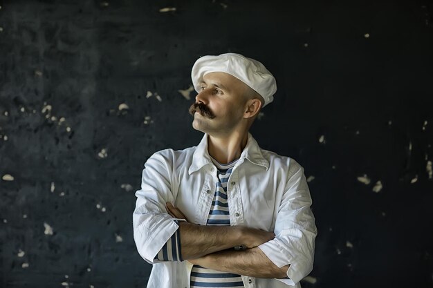 cozinheiro brutal com bigode, chef marinho incomum em um colete, estilo vintage