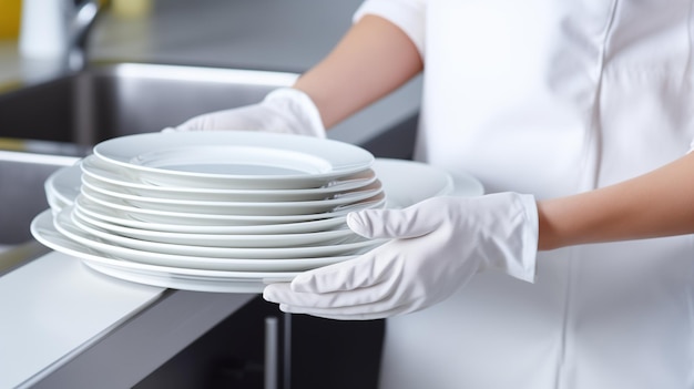 Cozinheiro de uniforme e luvas segura em suas mãos uma pilha de pratos vazios redondos e brancos