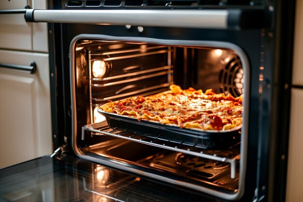 Foto cozinheiro doméstico deslizando prato de lasanha dentro do forno de uma perspectiva interna