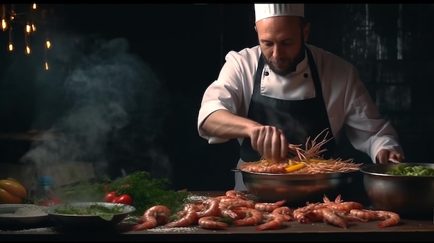 Cozinheiro profissional de frutos do mar prepara camarões com raminhos de feijão Cozinhando frutos do mar IA generativa