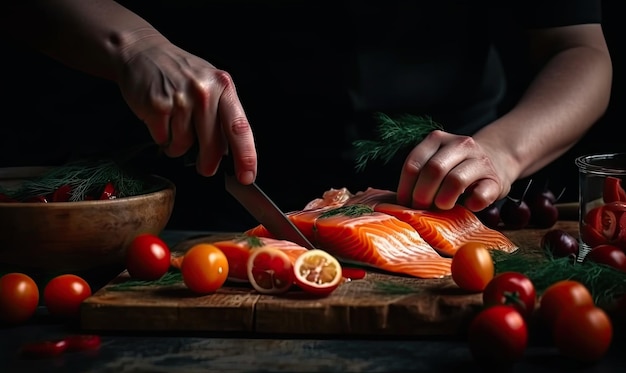 Cozinheiro profissional prepara pedaços de truta salmão de peixe vermelho com IA generativa de vegetais