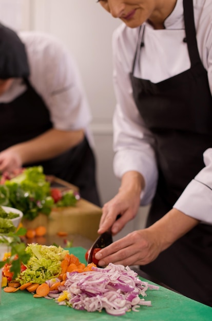 Cozinheiros e chefs de equipe profissional preparando refeições na cozinha movimentada do hotel ou restaurante