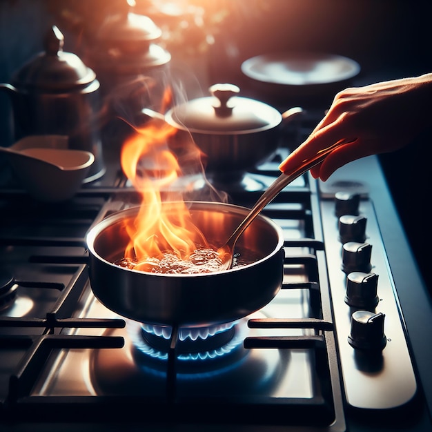 Foto cozinho flambe fogo álcool no fogão é muito saboroso e bonito