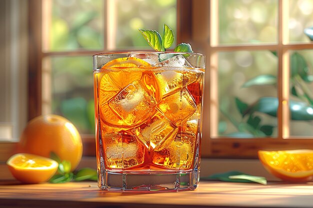 Foto cozy aperol spritz con hielo y naranja en un entorno besado por el sol