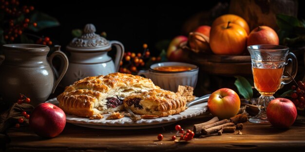 Foto cozy fall trata um conjunto de mesa rústico com cidra de maçã quente e bolos de ia geradora