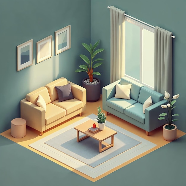 Cozy Isometric Living Room Interior with Furniture