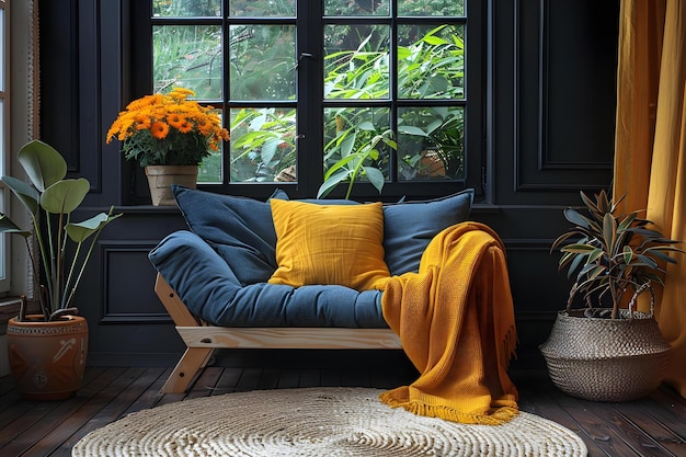 Cozy Nook com almofadas azuis Acentos amarelos brilhantes Conceito Decoração de casa Cozy Noak Design de interiores Almofadas azulhas Acentos amarelo brilhante